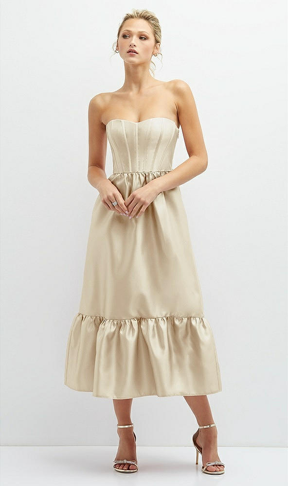 Front View - Champagne Strapless Satin Midi Corset Dress with Lace-Up Back & Ruffle Hem