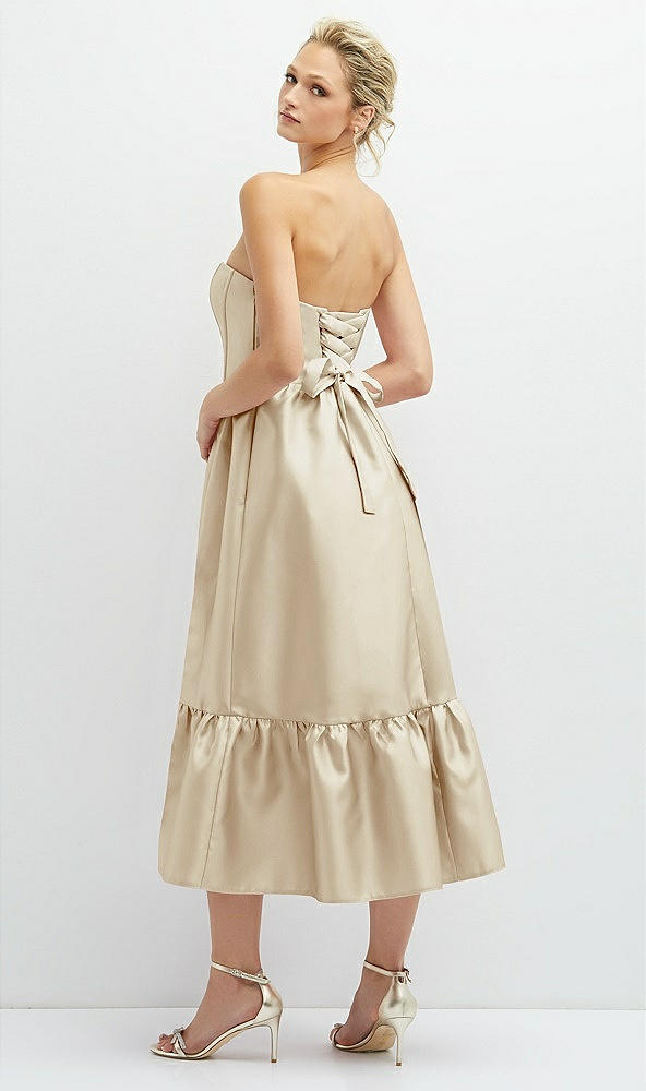 Back View - Champagne Strapless Satin Midi Corset Dress with Lace-Up Back & Ruffle Hem