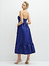 Rear View Thumbnail - Cobalt Blue Strapless Satin Midi Corset Dress with Lace-Up Back & Ruffle Hem