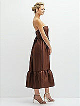 Side View Thumbnail - Cognac Strapless Satin Midi Corset Dress with Lace-Up Back & Ruffle Hem