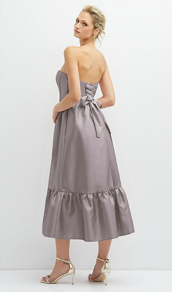 Back View - Cashmere Gray Strapless Satin Midi Corset Dress with Lace-Up Back & Ruffle Hem