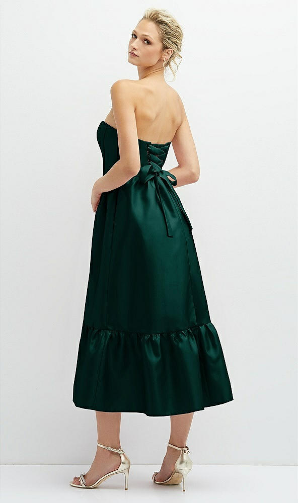 Back View - Evergreen Strapless Satin Midi Corset Dress with Lace-Up Back & Ruffle Hem