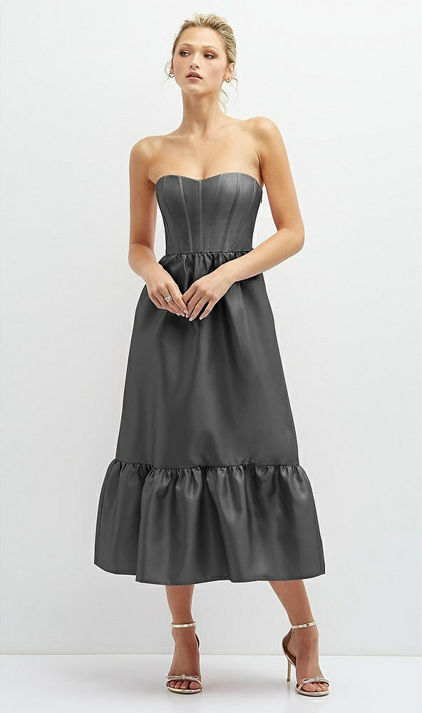 Front View - Gunmetal Strapless Satin Midi Corset Dress with Lace-Up Back & Ruffle Hem