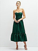 Front View Thumbnail - Hunter Green Strapless Satin Midi Corset Dress with Lace-Up Back & Ruffle Hem