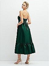 Rear View Thumbnail - Hunter Green Strapless Satin Midi Corset Dress with Lace-Up Back & Ruffle Hem