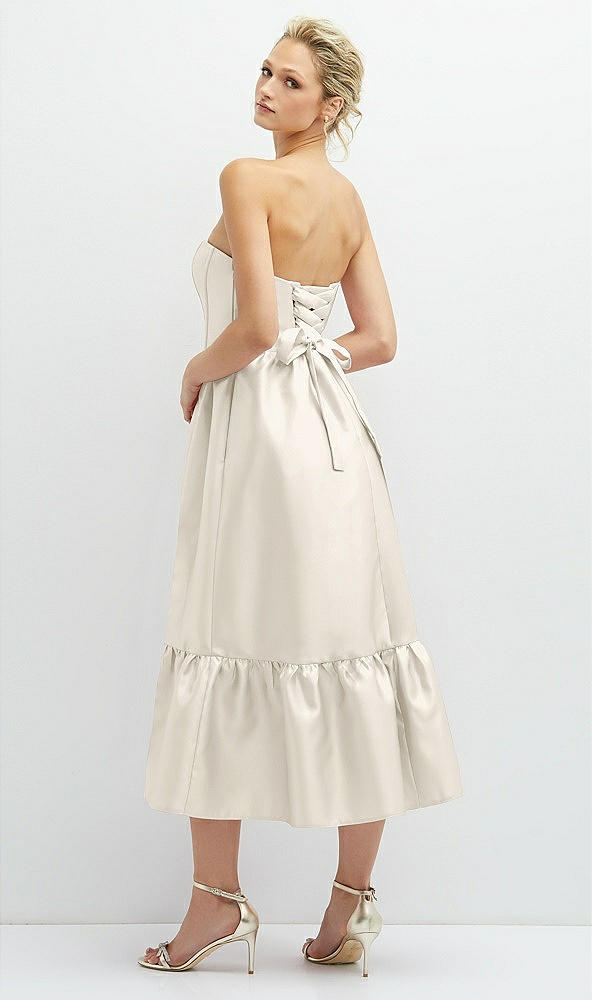 Back View - Ivory Strapless Satin Midi Corset Dress with Lace-Up Back & Ruffle Hem