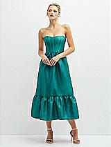 Front View Thumbnail - Jade Strapless Satin Midi Corset Dress with Lace-Up Back & Ruffle Hem