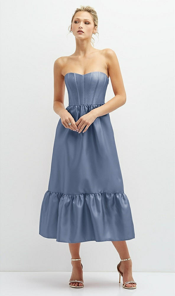 Front View - Larkspur Blue Strapless Satin Midi Corset Dress with Lace-Up Back & Ruffle Hem