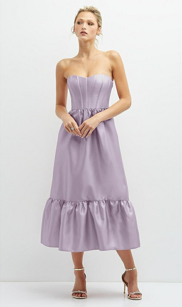 Front View - Lilac Haze Strapless Satin Midi Corset Dress with Lace-Up Back & Ruffle Hem