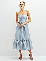 Front View Thumbnail - Mist Strapless Satin Midi Corset Dress with Lace-Up Back & Ruffle Hem