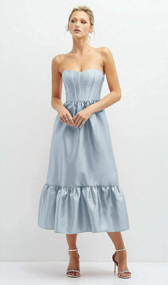 Front View - Mist Strapless Satin Midi Corset Dress with Lace-Up Back & Ruffle Hem