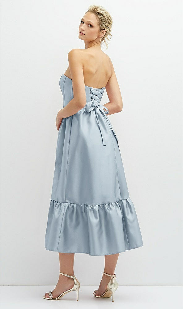 Back View - Mist Strapless Satin Midi Corset Dress with Lace-Up Back & Ruffle Hem