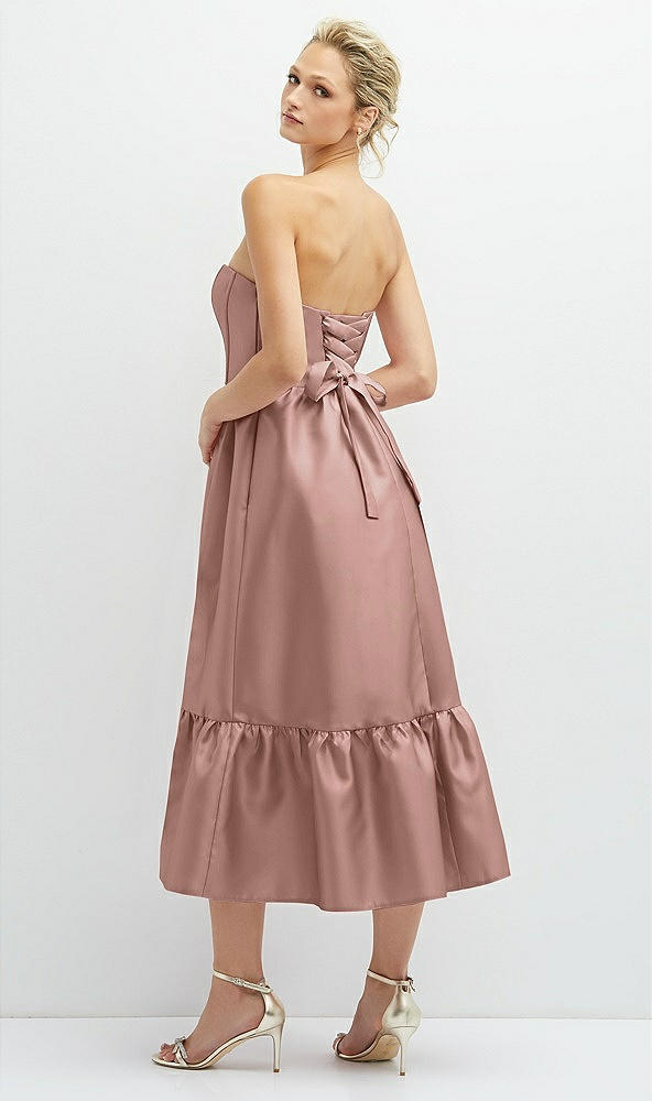 Back View - Neu Nude Strapless Satin Midi Corset Dress with Lace-Up Back & Ruffle Hem