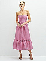 Front View Thumbnail - Powder Pink Strapless Satin Midi Corset Dress with Lace-Up Back & Ruffle Hem