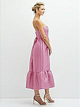 Side View Thumbnail - Powder Pink Strapless Satin Midi Corset Dress with Lace-Up Back & Ruffle Hem