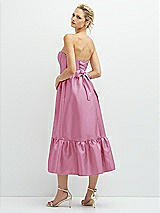 Rear View Thumbnail - Powder Pink Strapless Satin Midi Corset Dress with Lace-Up Back & Ruffle Hem