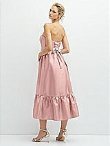 Rear View Thumbnail - Rose - PANTONE Rose Quartz Strapless Satin Midi Corset Dress with Lace-Up Back & Ruffle Hem