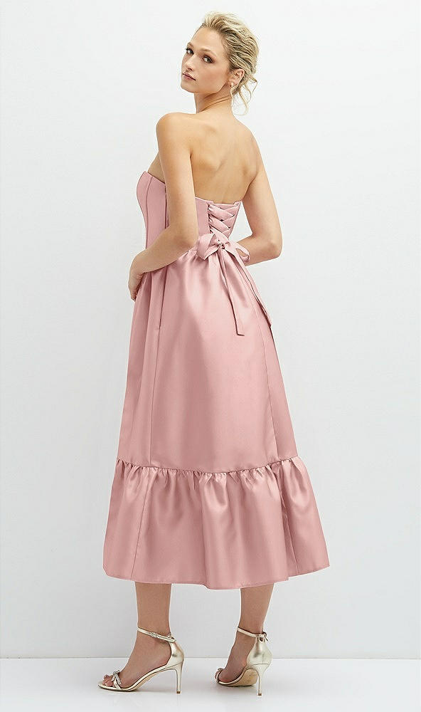 Back View - Rose - PANTONE Rose Quartz Strapless Satin Midi Corset Dress with Lace-Up Back & Ruffle Hem