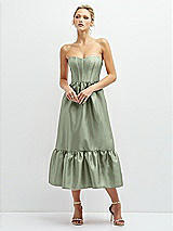 Front View Thumbnail - Sage Strapless Satin Midi Corset Dress with Lace-Up Back & Ruffle Hem