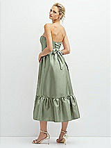 Rear View Thumbnail - Sage Strapless Satin Midi Corset Dress with Lace-Up Back & Ruffle Hem