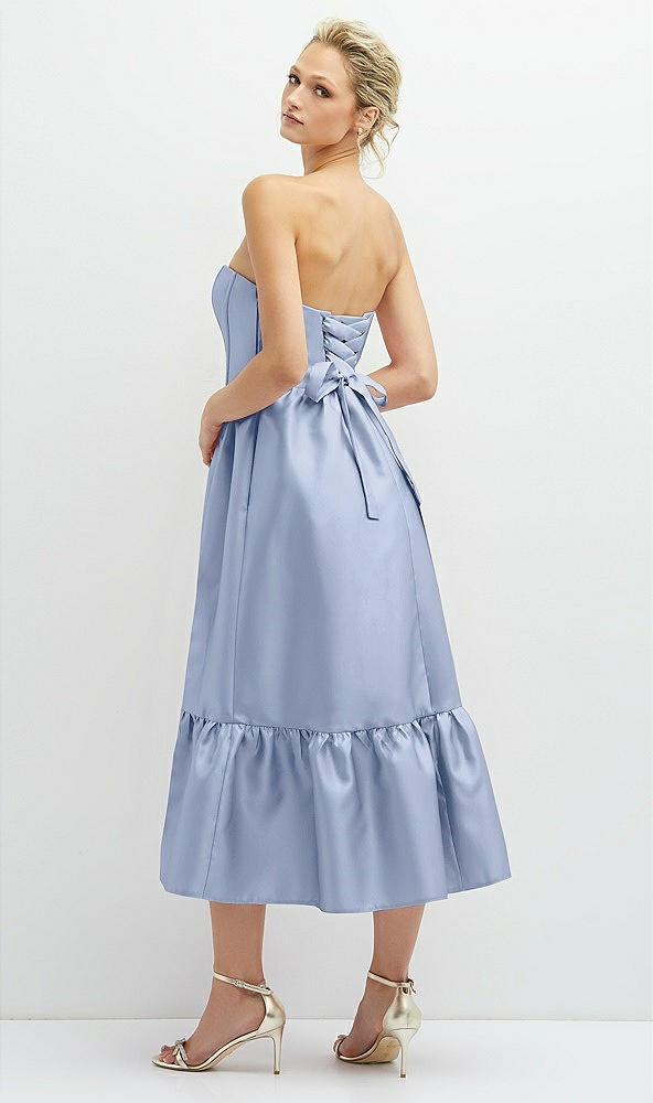 Back View - Sky Blue Strapless Satin Midi Corset Dress with Lace-Up Back & Ruffle Hem