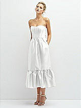 Alt View 1 Thumbnail - White Strapless Satin Midi Corset Dress with Lace-Up Back & Ruffle Hem