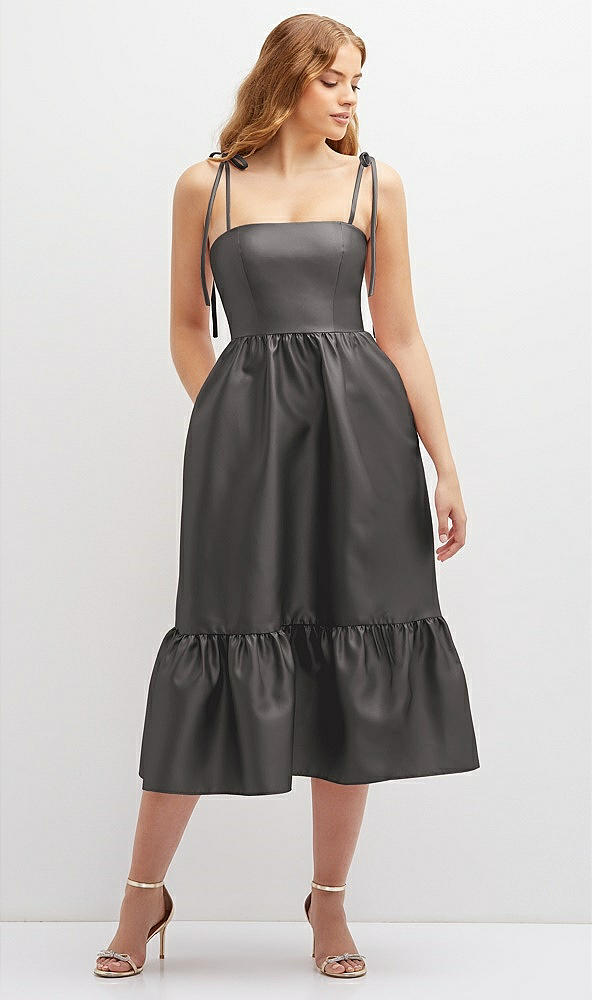 Front View - Caviar Gray Shirred Ruffle Hem Midi Dress with Self-Tie Spaghetti Straps and Pockets