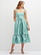 Front View Thumbnail - Coastal Shirred Ruffle Hem Midi Dress with Self-Tie Spaghetti Straps and Pockets