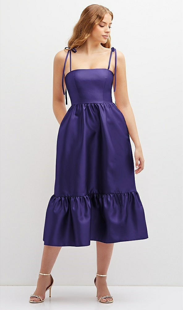 Front View - Grape Shirred Ruffle Hem Midi Dress with Self-Tie Spaghetti Straps and Pockets