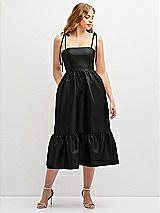 Front View Thumbnail - Black Shirred Ruffle Hem Midi Dress with Self-Tie Spaghetti Straps and Pockets