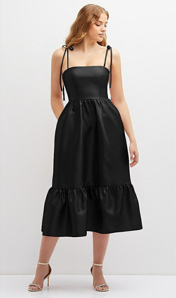 Front View - Black Shirred Ruffle Hem Midi Dress with Self-Tie Spaghetti Straps and Pockets