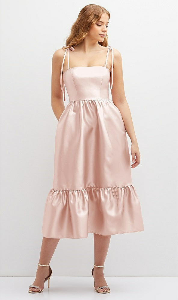 Front View - Blush Shirred Ruffle Hem Midi Dress with Self-Tie Spaghetti Straps and Pockets