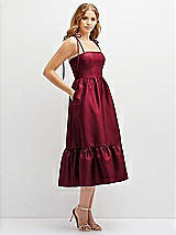 Side View Thumbnail - Burgundy Shirred Ruffle Hem Midi Dress with Self-Tie Spaghetti Straps and Pockets