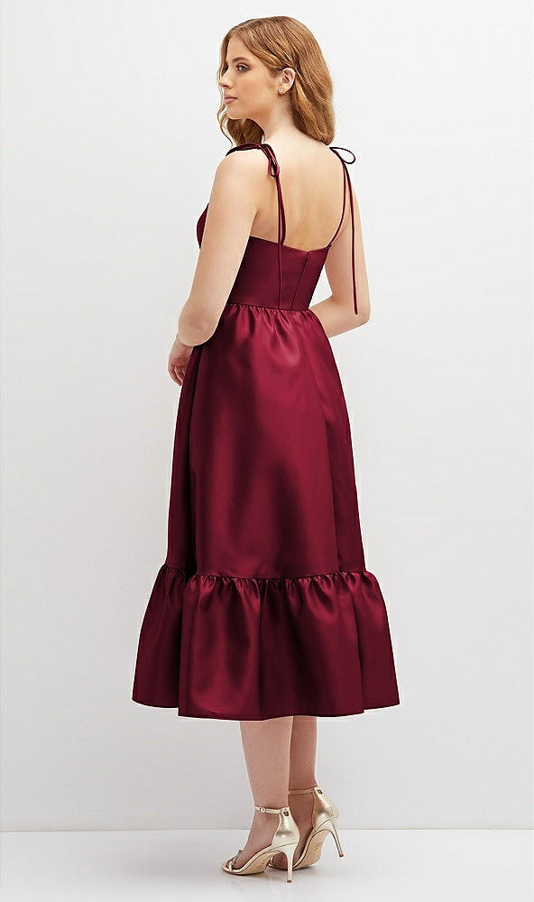 Back View - Burgundy Shirred Ruffle Hem Midi Dress with Self-Tie Spaghetti Straps and Pockets