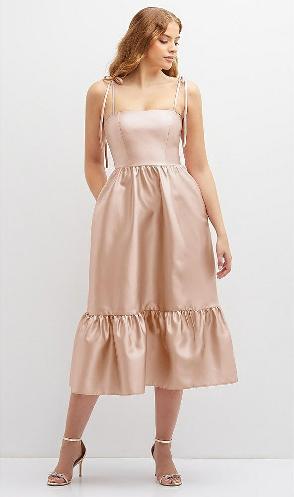 Front View - Cameo Shirred Ruffle Hem Midi Dress with Self-Tie Spaghetti Straps and Pockets