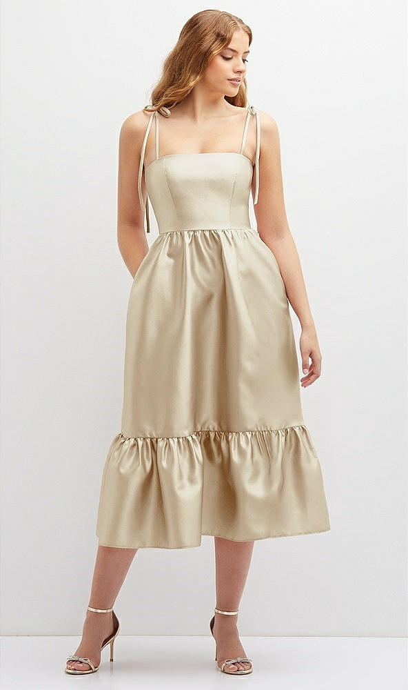 Front View - Champagne Shirred Ruffle Hem Midi Dress with Self-Tie Spaghetti Straps and Pockets