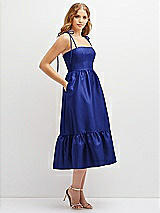 Side View Thumbnail - Cobalt Blue Shirred Ruffle Hem Midi Dress with Self-Tie Spaghetti Straps and Pockets