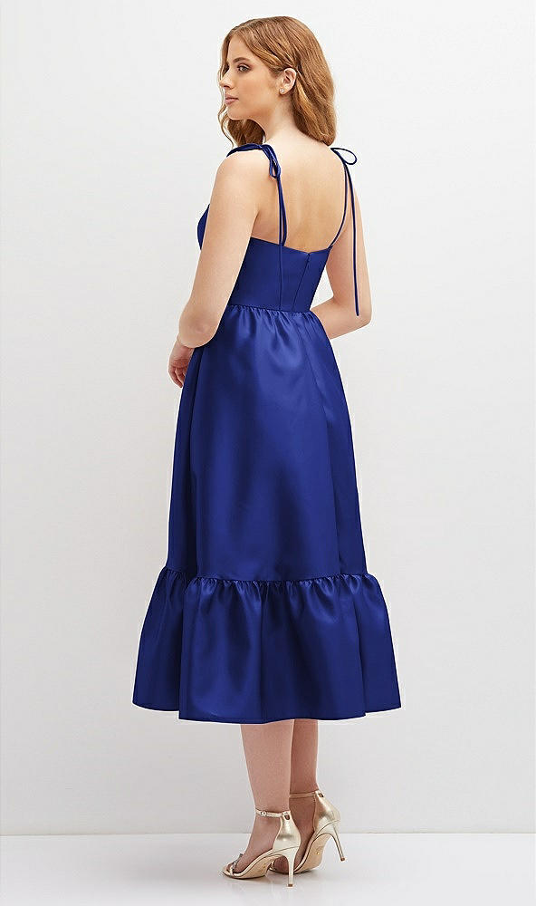 Back View - Cobalt Blue Shirred Ruffle Hem Midi Dress with Self-Tie Spaghetti Straps and Pockets