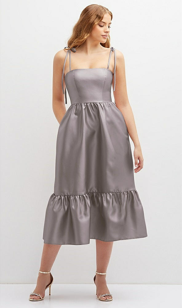 Front View - Cashmere Gray Shirred Ruffle Hem Midi Dress with Self-Tie Spaghetti Straps and Pockets