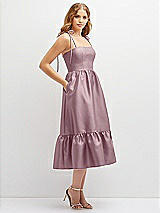 Side View Thumbnail - Dusty Rose Shirred Ruffle Hem Midi Dress with Self-Tie Spaghetti Straps and Pockets