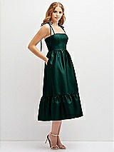 Side View Thumbnail - Evergreen Shirred Ruffle Hem Midi Dress with Self-Tie Spaghetti Straps and Pockets