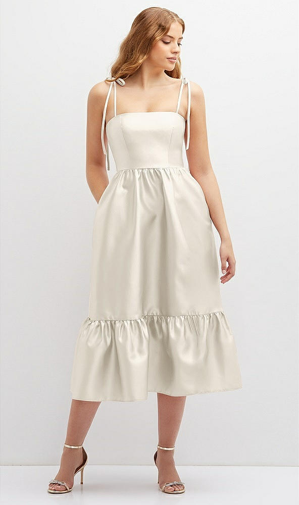 Front View - Ivory Shirred Ruffle Hem Midi Dress with Self-Tie Spaghetti Straps and Pockets