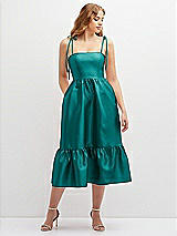 Front View Thumbnail - Jade Shirred Ruffle Hem Midi Dress with Self-Tie Spaghetti Straps and Pockets