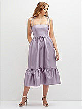 Front View Thumbnail - Lilac Haze Shirred Ruffle Hem Midi Dress with Self-Tie Spaghetti Straps and Pockets