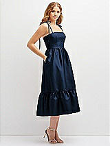 Side View Thumbnail - Midnight Navy Shirred Ruffle Hem Midi Dress with Self-Tie Spaghetti Straps and Pockets