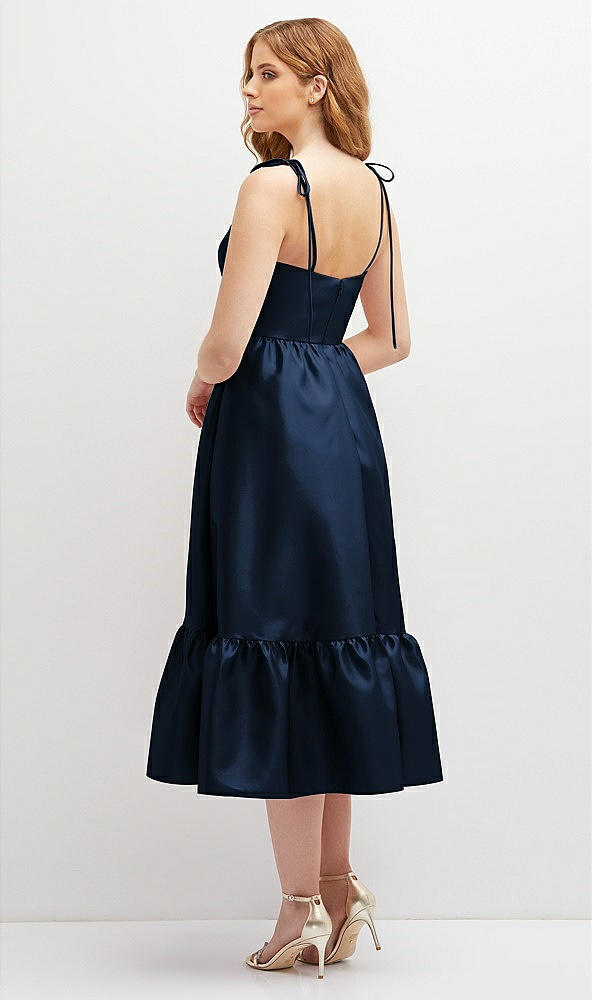 Back View - Midnight Navy Shirred Ruffle Hem Midi Dress with Self-Tie Spaghetti Straps and Pockets