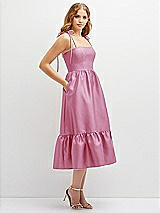 Side View Thumbnail - Powder Pink Shirred Ruffle Hem Midi Dress with Self-Tie Spaghetti Straps and Pockets