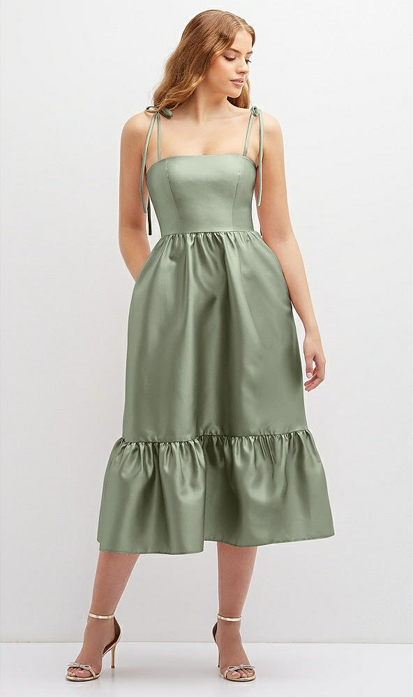 Front View - Sage Shirred Ruffle Hem Midi Dress with Self-Tie Spaghetti Straps and Pockets