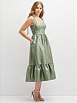 Side View Thumbnail - Sage Shirred Ruffle Hem Midi Dress with Self-Tie Spaghetti Straps and Pockets