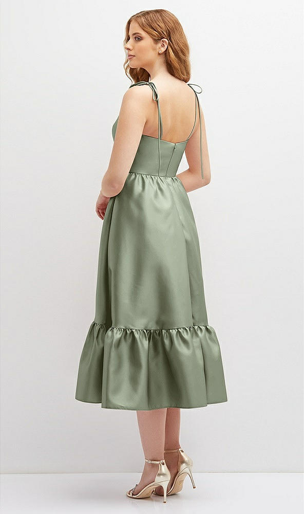 Back View - Sage Shirred Ruffle Hem Midi Dress with Self-Tie Spaghetti Straps and Pockets